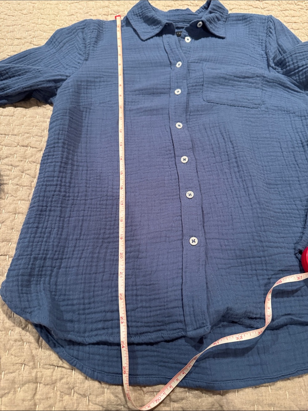Talbots Small Petite Light Blue Textured Button-Up Top With Tab Sleeve - Picture 7 of 8